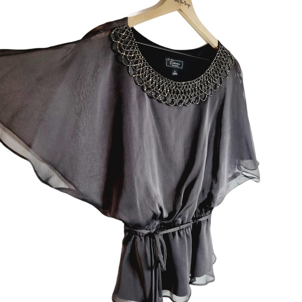 Collection Dressbarn Grey Bib Batwing Blouse 6